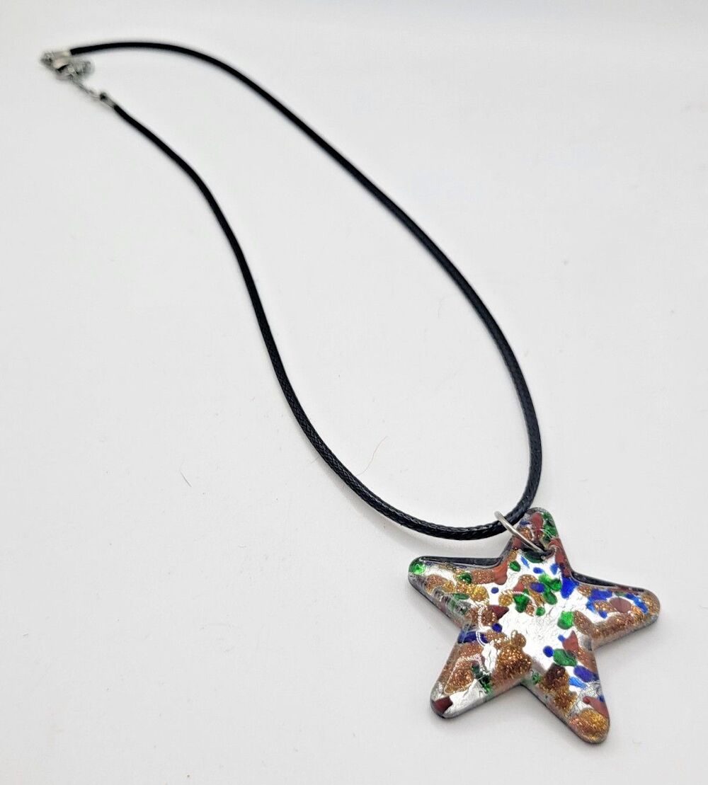 Estate Blown Glass Glitter Star Necklace 17in - Picture 2 of 4